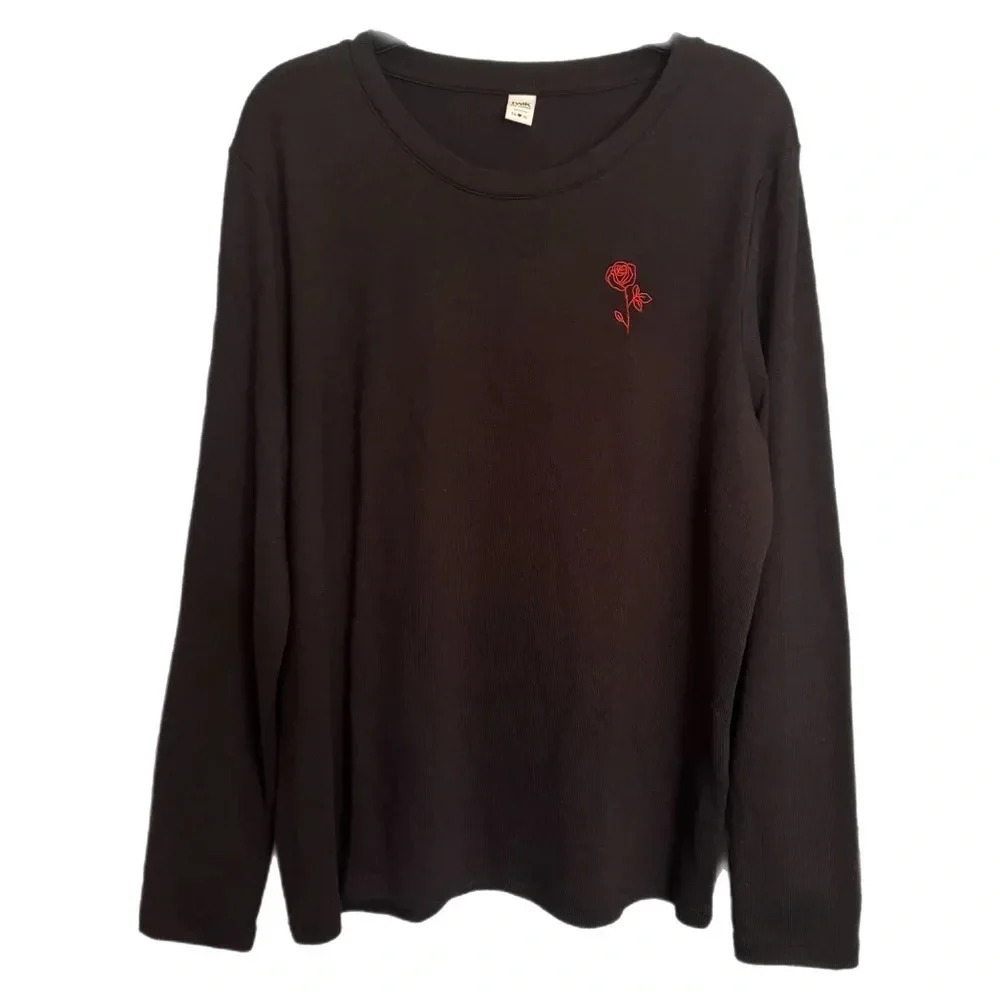 Simons Twik Black Long Sleeve Top Red Rose Embroidery Goth  Emo Romantic Size XL